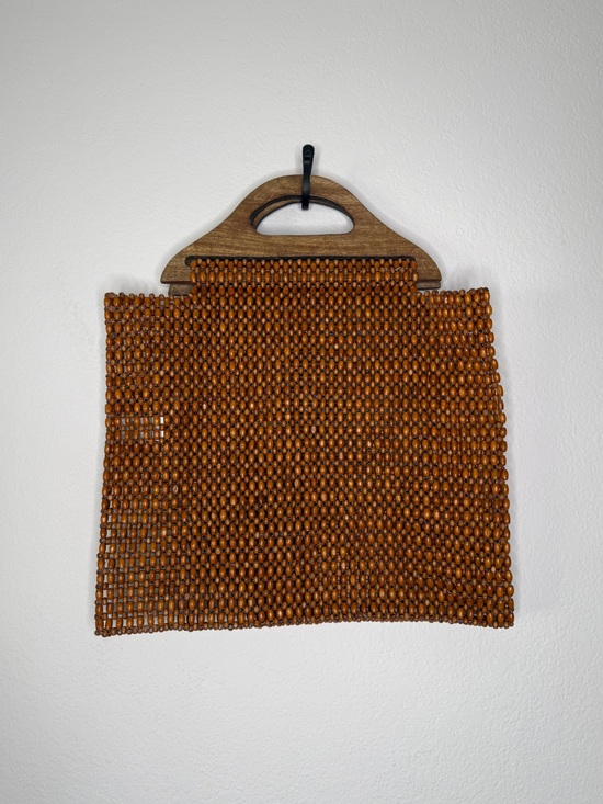 Anthropologie Handbags - Anthropologie Beaded Wood Handle Tote Brown Lightweight Bag OS